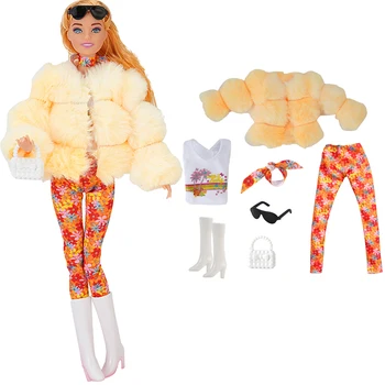 NK 1 комплект Дизайн куклы принцессы напоминает желтый плюшевый комплект: пальто + топ + брюки + ботинки + солнце + сумка + шарф для игрушки куклы Барби