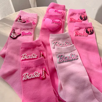Розовые вязаные носки Barbie 3D Love с рисунком Ins Y2K, Носки для девочек, Милые студенческие женские Спортивные носки до середины икры, Аксессуар для одежды, подарок