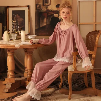 Женская Сказочная кружевная хлопковая одежда для отдыха, Милые топы и брюки, комплекты из двух предметов, осенние винтажные розовые пижамы, пижамы принцессы, ночное белье