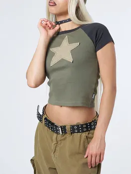 Женские тонкие летние укороченные топы Louatui, футболка с круглым вырезом, кепка с нашивкой в виде звезды, клубная одежда