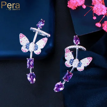 Pera Симметричный Фиолетовый камень CZ, Длинная Милая ушная манжета-бабочка, серьги-гвоздики Climber для женщин, модные украшения для подиума E725