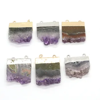 Фиолетовый кристалл из натурального камня Креативной неправильной формы, оригинальный камень, позолоченный, с двойным отверстием, Модный кулон, Самодельное ожерелье