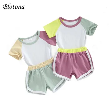 Blotona/ Костюм-двойка с брюками для маленьких мальчиков и девочек, футболка в стиле Пэчворк с круглым вырезом и шорты с эластичной резинкой на талии на лето, от 0 до 3 лет