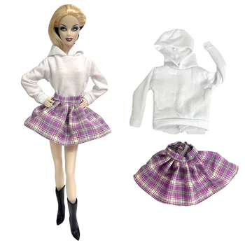 NK, 1 комплект, милая кукла-переодевалка, фиолетовая клетчатая короткая юбка + белый топ (аксессуар для школьного платья) для детей, аксессуары для кукол Барби