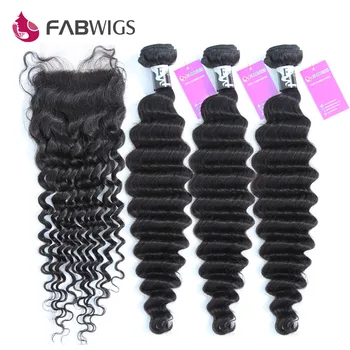 Fabwigs Перуанские Пучки волос Глубокой волны с закрытием Пучки человеческих Волос с закрытием 4X4