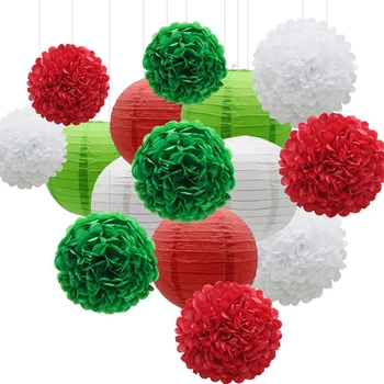 15шт Красных зеленых белых бумажных цветов, помпонов, шариков и бумажных фонариков для свадьбы, Дня рождения, Рождественского декоративного набора