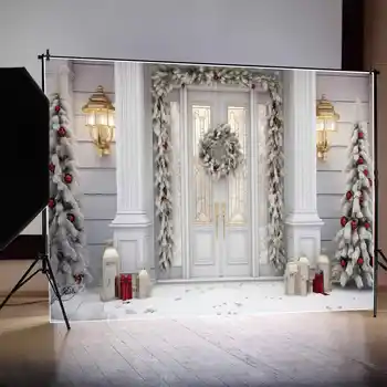 Фон для фотосъемки MOON.QG Рождественское Белое крыльцо, Серебряный Снежный венок, фон из сосны, свечи, лампы, украшения для дверей