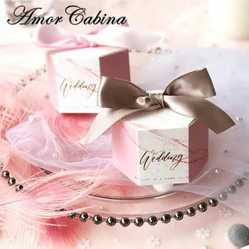 Креативная коробка конфет в стиле шестиугольника из розового мрамора, Романтическая Подарочная коробка Bomboniera для свадебной вечеринки с розовой лентой/лентой цвета шампанского