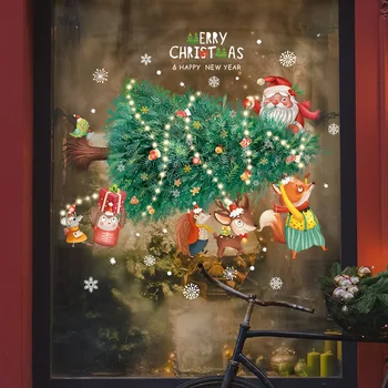Наклейки для украшения рождественского оконного стекла, мультяшные цветные огни, Рождественская елка, съемная рождественская стена со статическим электричеством