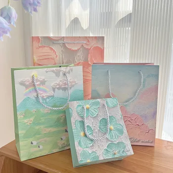 Подарочный пакет в стиле масляной живописи в стиле Ins, высококачественный детский подарочный пакет на день рождения, Сумочка, Бумажный пакет для упаковки свадебных подарков
