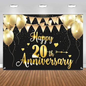 Фон баннера с 20-м Днем рождения 20 Воздушных шаров на Годовщину свадьбы Украшения Принадлежности для вечеринок Фон для фотосъемки из черного золота