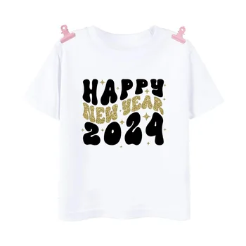 Здравствуй, 2024, С Новым Годом, Детская футболка С принтом, Одежда для мальчиков и девочек, Зимняя Праздничная Детская Футболка, Топы с короткими рукавами