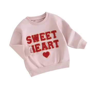 Наряд для девочки на День Святого Валентина, толстовка с круглым вырезом и вышивкой в виде милого сердечка, пуловер с длинными рукавами, топы-свитера