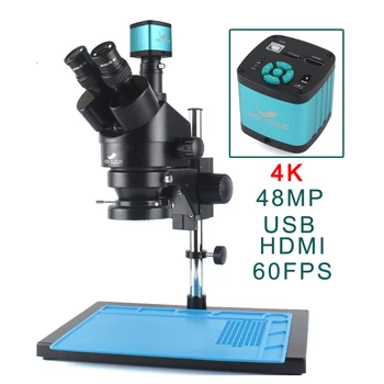 Камера микроскопа 4K 48MP HDMI USB VGA, 7X-45X Стереотринокулярный зум с одновременным фокусным расстоянием, набор микроскопов со вспомогательным объективом