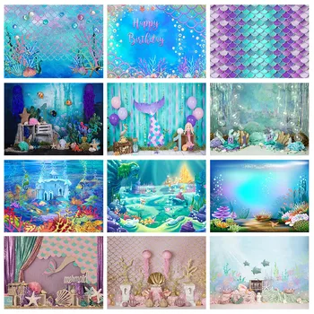 Декорации для вечеринки по случаю дня рождения под водой, фоны для фотосъемки принцессы-русалки, 1-й день рождения, первый торт, фоны для фотосъемки, студийный реквизит