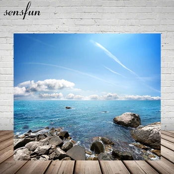 Небесно-голубой Морской фон с облаками и скалой для фотостудии 7x5 футов, фоны для летней пляжной вечеринки, фотосессия