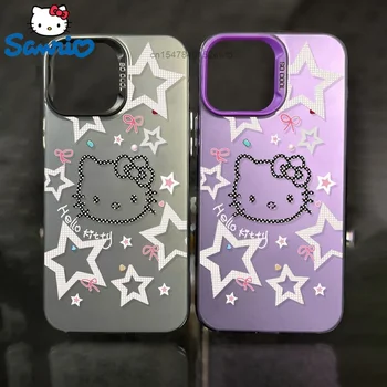 Sanrio Hello Kitty Модный Цветной Матовый Чехол с Рисунком Пентаграммы и Звезды для iPhone 15 14 13 12 11 Pro Max Plus XS XR, Материал ПК