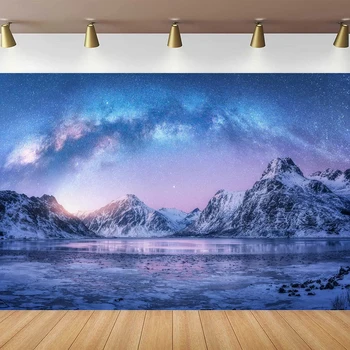 Фон для фотосъемки в Норвегии Арктика Снег Гора Вид на озеро Вселенная Космос Ночное небо Звездный пейзаж Синяя Галактика Фон плакат